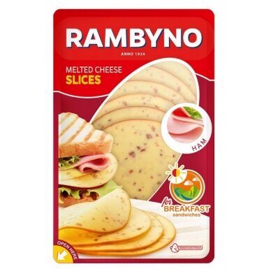 Lydytas sūris RAMBYNO, su kumpiu, 45% r., riekelėmis, 150 g