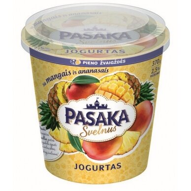 Švelnus jogurtas PASAKA, 2,5% r., su mang. ir ananas., 370 g